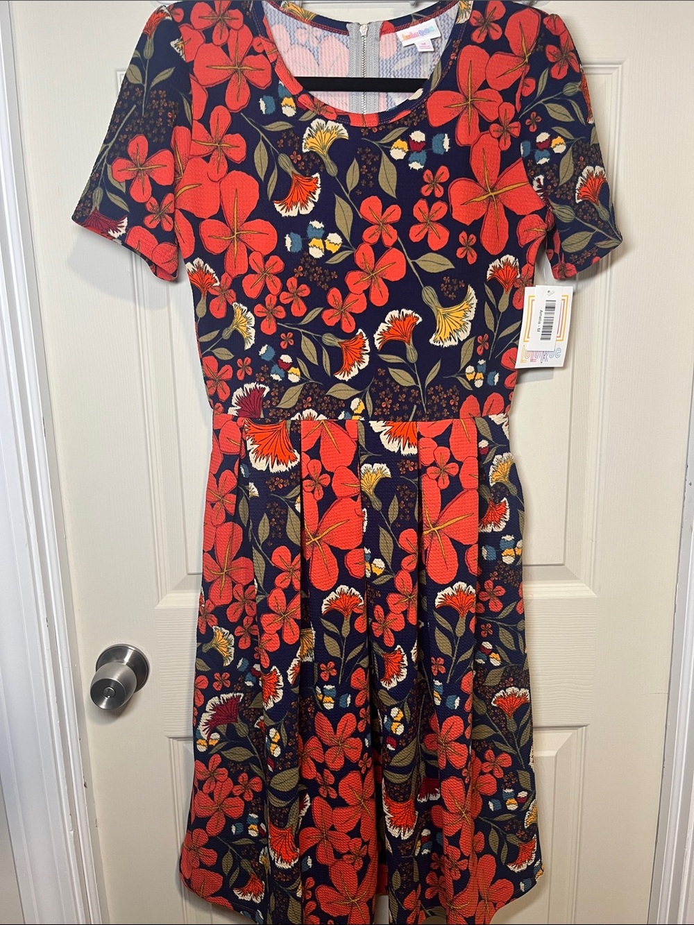 LuLaRoe Navy Dress with Bright Red Floral Print